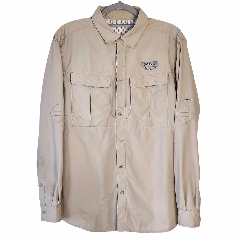 Columbia Omni-Shield Long Sleeve Button Up Nylon Fishing‎ Shirt Mens Large Beige